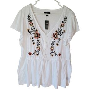 Lane Bryant White Swing Flutter-Sleeve Embroidered Babydoll Top Plus Size 18/20
